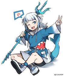 Rule 34 | 1girl, ;d, a (phrase), animal costume, bike shorts, blue eyes, blue hair, blue nails, blunt bangs, boots, commentary, crossed legs, fins, fish tail, gawr gura, gawr gura (1st costume), graysheartart, highres, hololive, hololive english, hood, hood down, long hair, long sleeves, looking at viewer, nail polish, one eye closed, open mouth, outstretched arm, polearm, shark costume, shark tail, sharp teeth, simple background, sitting, smile, solo, speech bubble, tail, teeth, trident, twitter username, two side up, v, virtual youtuber, weapon, white background, white hair, wide sleeves