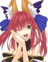 Rule 34 | 10s, 1girl, ;d, animal ear fluff, animal ears, bad id, bad pixiv id, detached sleeves, eyebrows hidden by hair, fate/extra, fate (series), fox ears, green eyes, hair ribbon, heart, heart in mouth, one eye closed, open mouth, pink hair, ribbon, smile, sodeya itsuki, solo, tamamo (fate), tamamo no mae (fate/extra), twintails, wink