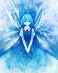 Rule 34 | 1girl, bad id, bad pixiv id, blue dress, blue eyes, blue hair, blue theme, blush, cirno, crystal, dress, expressionless, ice, ice wings, looking at viewer, matching hair/eyes, own hands together, shion (mamuring), shionty, solo, standing, embodiment of scarlet devil, touhou, v arms, wings