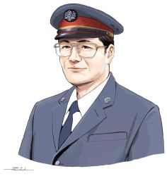 Rule 34 | 1boy, blue hat, blue jacket, blue necktie, brown eyes, brown hair, closed mouth, collared shirt, cropped torso, dated, glasses, hat, horikou, jacket, looking at viewer, male focus, manly, military, military hat, military jacket, military uniform, necktie, original, over-rim eyewear, real life, semi-rimless eyewear, shirt, signature, simple background, smile, solo, soviet, uniform, upper body, white background, white shirt, wing collar