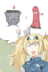 Rule 34 | 1girl, arrow (symbol), blonde hair, blue eyes, blue shirt, breast pocket, breasts, enjaku izuku, flat chest, gambier bay (kancolle), hair ornament, highres, historical name connection, imagining, japanese clothes, kantai collection, kariginu, large breasts, light bulb, long hair, name connection, o o, open mouth, own hands together, pocket, red shirt, ryuujou (aircraft carrier), ryuujou (kancolle), shirt, solo, twintails, upper body