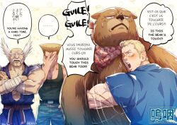 Rule 34 | 4boys, abel (street fighter), artist name, bear, blonde hair, blush, crossed arms, crossover, english text, facepalm, facial hair, french text, guile, hand on own hip, hug, japanese clothes, japanese text, kuma (tekken), legs, military uniform, mishima heihachi, multiple boys, muscular, mustache, old, old man, one eye closed, open mouth, pants, scar, short hair, street fighter, street fighter x tekken, surprised, sweatdrop, tekken, thighs, translated, uniform, white hair