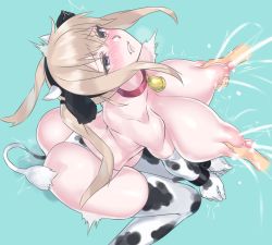 Rule 34 | 10s, 1girl, animal ears, animal print, breast pull, breasts, cow print, cow print gloves, cow print thighhighs, cow tail, disembodied hands, elbow gloves, fake animal ears, fake horns, gloves, graf zeppelin (kancolle), green background, head back, horns, kantai collection, lactation, large areolae, large breasts, milk, mizuumi (bb), neck bell, nipples, print gloves, print thighhighs, skindentation, solo focus, tail, topless