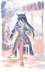 Rule 34 | 1girl, absurdres, ahoge, animal ears, black gloves, black hair, black jacket, black skirt, black vest, coffee mug, collared shirt, commentary request, crossed legs, cup, gloves, hair between eyes, highres, holding, holding cup, holding saucer, horse ears, hua ha jiazi, jacket, long hair, long sleeves, looking at viewer, manhattan cafe (umamusume), mug, open clothes, open jacket, saucer, shirt, shoes, signature, sitting, skirt, solo, umamusume, very long hair, vest, white footwear, white shirt, yellow eyes