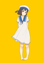 Rule 34 | 1girl, bare legs, barefoot, blue ribbon, blue sailor collar, bright pupils, brown eyes, brown hair, closed mouth, collarbone, daitou (kancolle), dress, eyebrows, feet together, flat chest, full body, gradient background, hair ribbon, hat, highres, ichiroku (sakumogu-029), kantai collection, one side up, ribbon, sailor collar, sailor dress, sailor hat, short hair, short sleeves, smile, solo, standing, white dress, white hat, white pupils, white ribbon, yellow background