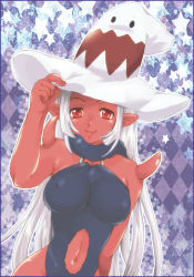 Rule 34 | 1girl, bare shoulders, breasts, c163, colored skin, dragon quest, dragon quest x, covered erect nipples, hat, horns, large breasts, long hair, monster girl, navel, ogre (dq10), pointy ears, ponytail, red eyes, red skin, scarf, smile, solo, spikes, tail, tattoo, white hair