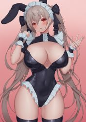 Rule 34 | 1girl, :o, absurdres, alternate costume, animal ears, azur lane, black leotard, blush, breasts, clenched hand, covered navel, cowboy shot, ear piercing, enmaided, formidable (azur lane), frills, gradient background, hair between eyes, hair ribbon, hands up, highres, large breasts, leotard, light brown hair, looking at viewer, maid, maid headdress, open hand, open mouth, piercing, pink background, pinkcap, playboy bunny, rabbit ears, red eyes, ribbon, shrug (clothing), solo, thighhighs, thighs, wide hips, wrist cuffs