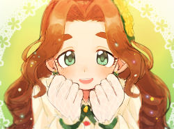Rule 34 | 1girl, :d, brown hair, clenched hand, earrings, flower, gloves, green background, green eyes, hair flower, hair intakes, hair ornament, hands up, highres, idolmaster, idolmaster cinderella girls, jewelry, kusakabe wakaba, long hair, open mouth, simple background, smile, solo, tachibana iii, thick eyebrows, upper body, wavy hair, white gloves