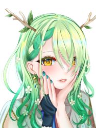 Rule 34 | 1girl, blush, braid, branch, ceres fauna, earrings, flower, green hair, hair flower, hair ornament, hands on own face, highres, hololive, hololive english, horns, jewelry, leaf, lily lily, lipstick, looking at viewer, makeup, medium hair, mole, nail polish, parted lips, virtual youtuber, wavy hair, white background, yellow eyes