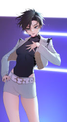 Rule 34 | 1girl, absurdres, belt, black hair, black leotard, breasts, contrapposto, cropped jacket, fingernails, grey jacket, grey shorts, hair between eyes, hand on own hip, hand on own chest, highres, jacket, keishi (shining star), leotard, leotard under clothes, medium breasts, microphone, multicolored hair, music, nail polish, ohisashiburi, open clothes, open jacket, open mouth, purple background, purple eyes, purple nails, shining star, short hair, shorts, singing, smile, solo, standing, streaked hair, white hair
