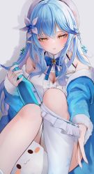 Rule 34 | 1girl, :3, adjusting clothes, adjusting legwear, bare shoulders, blue bow, blue bowtie, blue coat, blue hair, blue nails, blush, blush stickers, bottle, bow, bowtie, braid, breasts, cleavage, cleavage cutout, clothing cutout, coat, elf, flower, frilled thighhighs, frills, fur-trimmed sleeves, fur trim, hair flower, hair ornament, half updo, hat, highres, holding, holding bottle, hololive, knees up, large breasts, long hair, long sleeves, multicolored hair, nail polish, open clothes, open coat, parted lips, pointy ears, shirt, sitting, sleeveless, sleeveless shirt, solo, streaked hair, thighhighs, virtual youtuber, wamp, white shirt, white thighhighs, yellow eyes, yukihana lamy, yukimin (yukihana lamy)