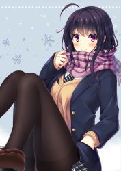 Rule 34 | 1girl, ahoge, ass, black hair, black necktie, black pantyhose, black skirt, blazer, blue background, blue jacket, blush, breasts, brown cardigan, brown footwear, buttons, cardigan, closed mouth, commentary request, hand in pocket, hand up, hayakawa (hayakawa illust), highres, jacket, knees up, loafers, long hair, looking at viewer, medium breasts, miniskirt, necktie, open clothes, open jacket, original, pantyhose, pink eyes, pink scarf, plaid, plaid scarf, plaid skirt, pleated skirt, scarf, scarf pull, school uniform, shirt, shoes, sidelocks, sitting, skirt, smile, snowflake background, solo, striped necktie, striped neckwear, tareme, thighband pantyhose, undershirt, white shirt, wing collar