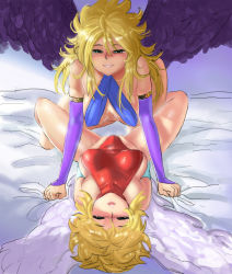 Rule 34 | 2girls, angel wings, bed, blonde hair, blush, breath of fire, breath of fire ii, capcom, colorized, crossover, d1975, female focus, hairband, leotard, looking at viewer, multiple girls, nina (breath of fire i), nina (breath of fire ii), nina (breath of fire iii), red leotard, short hair, thighhighs, white wings, wings, yuri