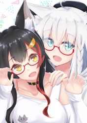 Rule 34 | 2girls, :d, absurdres, adjusting eyewear, ahoge, animal ear fluff, animal ears, aqua eyes, beret, bespectacled, black choker, black hair, black headwear, borumete, braid, breasts, choker, claw pose, clothing cutout, collarbone, commentary, fox ears, glasses, hair between eyes, hair ornament, hat, highres, hololive, long hair, long sleeves, looking at viewer, medium breasts, multicolored hair, multiple girls, ookami mio, ookami mio (casual), open mouth, patterned background, red-framed eyewear, red hair, semi-rimless eyewear, shirakami fubuki, shirakami fubuki (street), shirt, shoulder cutout, side braid, silver hair, sleeves past wrists, smile, streaked hair, two-tone hair, upper body, virtual youtuber, white background, white shirt, wolf ears, yellow eyes