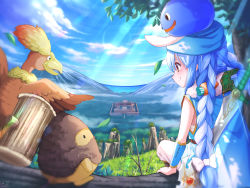 Rule 34 | 1girl, 3others, animal ears, bare arms, blue hair, bracer, braid, breasts, cape, carrot hair ornament, character request, closed mouth, creature, dragon quest, food-themed hair ornament, from behind, fur-trimmed cape, fur trim, hair ornament, highres, hololive, long hair, looking away, magowasabi, multicolored hair, multiple others, orange eyes, outdoors, parody request, rabbit-shaped pupils, rabbit ears, short eyebrows, sideways mouth, sitting on branch, small breasts, smile, sword, sword behind back, symbol-shaped pupils, tree, twin braids, twintails, two-tone hair, usada pekora, very long hair, virtual youtuber, weapon, white hair, wristband