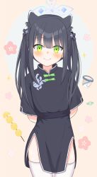 Rule 34 | 1girl, animal ear fluff, animal ears, arms behind back, black dress, black hair, blue archive, blunt bangs, blush, china dress, chinese clothes, dress, green eyes, highres, long hair, mikeran5648, short sleeves, shun (blue archive), shun (small) (blue archive), smile, solo, thighhighs, thighs, tiger ears, tiger girl, twintails, white thighhighs