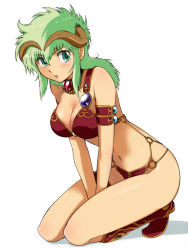 Rule 34 | 1girl, armlet, armor, bare shoulders, bikini armor, boots, breasts, cleavage, gem, green eyes, green hair, kahm, kneeling, large breasts, long hair, maabou, matching hair/eyes, navel, o-ring, o-ring bottom, outlanders, shiny skin, solo, squatting, v arms