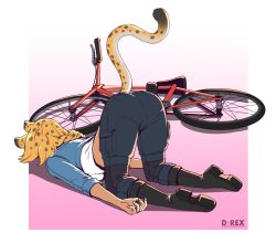 Rule 34 | 1girl, animal ears, animal print, ass, bicycle, black pants, boots, braid, brown footwear, d-rex, female focus, from behind, full body, green jacket, jacket, leopard ears, leopard girl, leopard print, leopard tail, long hair, long sleeves, original, pants, pink background, shirt, solo, tail, top-down bottom-up, white background, white shirt