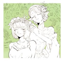 Rule 34 | 2girls, atsuage (amo91958757), closed eyes, dungeon meshi, falin touden, falin touden (tallman), feathers, flower, flower on head, green background, marcille donato, multiple girls, pointy ears, smile