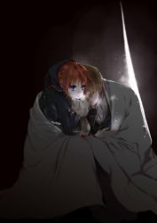Rule 34 | ascot, black jacket, blonde hair, blue eyes, borrowed clothes, closed eyes, closed mouth, coat over head, couple, dark, gintama, hand on another&#039;s arm, head on another&#039;s shoulder, head rest, hetero, highres, hug, jacket, kagura (gintama), light particles, loli bushi, okita sougo, one eye covered, open clothes, open jacket, orange hair, outstretched hand, parted lips, scarf, shared blanket, shinsengumi (gintama), side-by-side, snowing, vest, white ascot, white scarf