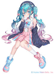 Rule 34 | ahoge, alternate costume, ankle socks, aqua hair, arrow through heart, asymmetrical footwear, bandaid, bandaid on knee, bandaid on leg, black hat, black jacket, black sleeves, blue bow, blue bowtie, blue eyes, blue footwear, blush, bow, bowtie, braid, brooch, buttons, chest jewel, choker, closed mouth, collared shirt, copyright notice, cross-laced footwear, crossed bandaids, envelope, eyelashes, gradient hair, hair bow, hair ornament, hat, hatsune miku, heart, heart-shaped pupils, heart brooch, heart hair ornament, heart print, heart tattoo, high-waist skirt, highres, holding, holding envelope, jacket, jacket partially removed, jewelry, knees, letter, light smile, long sleeves, looking at viewer, love letter, miniskirt, mismatched footwear, multicolored hair, multiple hair bows, number tattoo, official art, pink bow, pink choker, pink footwear, pink gemstone, pink hair, pink pupils, pink skirt, pleated skirt, sailor collar, sakura shiori, shirt, shoes, shoulder tattoo, side braid, simple background, single bare shoulder, sitting, skirt, sleeveless, sleeveless shirt, sleeves past wrists, sneakers, socks, streaked hair, symbol-shaped pupils, tattoo, third-party source, twintails, vocaloid, white background, white sailor collar, white shirt, white socks, winged footwear