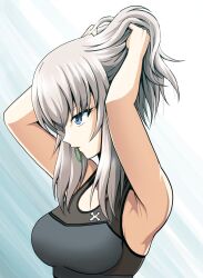 1girl absurdres black_sports_bra blue_eyes breasts closed_mouth commentary frown girls_und_panzer grey_hair hair_tie_in_mouth hands_in_own_hair highres insignia itsumi_erika kamishima_kanon medium_breasts medium_hair mouth_hold solo sports_bra tying_hair upper_body