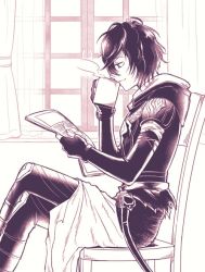 Rule 34 | armor, coffee cup, crossed legs, cup, disposable cup, drinking, from side, granblue fantasy, male focus, newspaper, sandalphon (granblue fantasy), short hair, sitting, smile, solo, sorawo, window