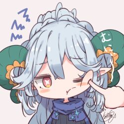 Rule 34 | 1girl, 1other, beni shake, black dress, blue scarf, cheek poking, commentary request, dress, fate/grand order, fate (series), grey background, grey hair, hair between eyes, horns, larva tiamat (fate), long hair, one eye closed, parted lips, pointy ears, poking, scarf, signature, simple background, solo focus, symbol-shaped pupils, tiamat (fate), upper body, very long hair