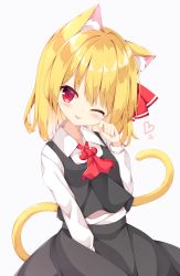Rule 34 | 1girl, ;p, animal ear fluff, animal ears, arm up, ascot, black skirt, black vest, blonde hair, blush, cat ears, cat tail, grey background, hair ribbon, hand on own cheek, hand on own face, head tilt, heart, highres, kemonomimi mode, light blush, long sleeves, one eye closed, red ascot, ribbon, rumia, sabana, shirt, short hair, simple background, skirt, skirt hold, solo, standing, tail, tongue, tongue out, touhou, upper body, vest, white shirt
