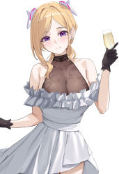 1girl aki_rosenthal alternate_costume alternate_hairstyle black_gloves blonde_hair breasts cleavage closed_mouth commentary_request cup dress drinking_glass elf frilled_dress frills gloves halter_dress halterneck haro_art headgear highres holding holding_cup hololive large_breasts light_blush long_hair looking_at_viewer off-shoulder_dress off_shoulder parted_bangs pointy_ears ponytail purple_eyes see-through_cleavage see-through_clothes short_sleeves simple_background smile solo virtual_youtuber white_background white_dress