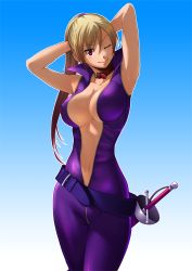 Rule 34 | 1girl, anlucea, arms up, blonde hair, breasts, center opening, cleavage, collar, dragon quest, dragon quest x, fang, gradient background, highres, huge breasts, long hair, looking at viewer, one eye closed, ponytail, rapier, red eyes, smile, solo, sword, taru neko, weapon