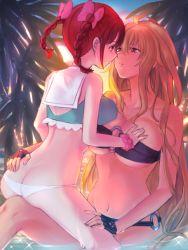 Rule 34 | 10s, 2girls, ahoge, arched back, ass, asymmetrical docking, bad id, bad pixiv id, bare shoulders, between thighs, bikini, black bikini, black gloves, blonde hair, blush, bow, braid, breast press, breasts, butt crack, cleavage, couple, fingerless gloves, gloves, hair bow, hair ornament, hand on another&#039;s ass, hand on another&#039;s chest, large breasts, long hair, looking at viewer, multiple girls, nemuri miyako, o-ring, o-ring bikini, palm tree, partially submerged, pink bow, red eyes, red hair, sailor collar, shikishima mirei, sitting, sitting on person, sky, sparkle, sun, swimsuit, tokonome mamori, tree, twin braids, underboob, valkyrie drive, valkyrie drive -mermaid-, very long hair, water, yuri