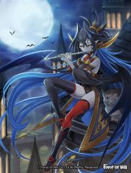 Rule 34 | 1girl, bat (animal), bird, black hair, black sclera, blue hair, bodysuit, cloud, colored sclera, copyright name, closed eyes, facial mark, flute, force of will, hair ornament, hair stick, instrument, moon, multicolored hair, night, night sky, official art, owl, pale skin, red eyes, reiya (force of will), sandals, sitting, sky, solo, sparkle, tattoo, thighhighs, thighs, two-tone hair, vampire, yuko (uc yuk)