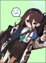 Rule 34 | 1girl, amonitto, aris (blue archive), black hair, black hairband, blue archive, blue jacket, blue necktie, blush, closed mouth, dutch angle, feet out of frame, green background, hair between eyes, hairband, halo, highres, jacket, long bangs, long hair, long sleeves, looking at viewer, necktie, one side up, open clothes, open jacket, school uniform, shirt, simple background, smile, solo, spoken expression, sweat, two-sided fabric, two-sided jacket, very long hair, weapon, weapon on back, white jacket, white shirt