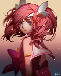 Rule 34 | 1girl, alternate costume, armlet, artist name, bare shoulders, bow, closed mouth, expressionless, from side, gradient background, hair ornament, headband, league of legends, long hair, looking at viewer, looking back, looking to the side, lux(league of legends), lux (league of legends), messy hair, open mouth, pink bow, pink hair, purple eyes, red lips, school uniform, serafuku, sleeveless, solo, songjikyo, star-shaped pupils, star (symbol), star guardian (league of legends), star guardian lux, swept bangs, symbol-shaped pupils