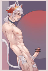 Rule 34 | 1boy, abs, absurdres, animal ears, bandages, bar censor, cat boy, cat ears, cat tail, censored, collar, erection, genshin impact, hair between eyes, highres, kaedehara kazuha, large penis, low ponytail, male focus, muscular, muscular male, nipples, open mouth, penis, ponytail, pubic hair, red eyes, short hair, tail, testicles, user vvfe4558, white hair, white pubic hair