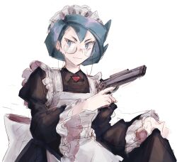Rule 34 | 1girl, alternate costume, blue eyes, blue hair, onia (pokemon), creatures (company), earrings, enmaided, game freak, glasses, gun, highres, holding, holding gun, holding weapon, jewelry, long sleeves, looking at viewer, maid, maid headdress, maxwell yaochu, medium hair, nintendo, pokemon, pokemon (anime), pokemon horizons, sketch, skirt hold, solo, stud earrings, weapon, white background