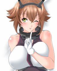 Rule 34 | 1girl, breasts, brown hair, commentary request, green eyes, hairband, highres, index finger raised, kantai collection, kiriki haruomi, large breasts, looking at viewer, mutsu (kancolle), one eye closed, parted lips, radio antenna, short hair, simple background, solo, upper body, white background