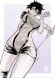 Rule 34 | 10s, 1girl, aragaki nagisa, badminton, badminton racket, blush, breasts, cameltoe, covered navel, covered erect nipples, from below, gamerag, hanebado!, holding, holding racket, impossible clothes, large breasts, looking at viewer, monochrome, parted lips, racket, short hair, skin tight, solo, spiked hair, sportswear, steam, stretching, sweat, sweatband, taut clothes, tomboy