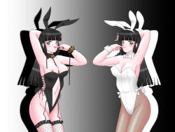 Rule 34 | 2girls, animal ears, arm behind head, arm up, black background, black hair, black legwear, black leotard, blush, breasts, chain, choker, cleavage, clothing cutout, collarbone, cuffs, deadlock (av1-260001), detached collar, earrings, fake animal ears, fishnets, garter straps, gradient background, green eyes, handcuffs, jewelry, large breasts, leotard, long hair, looking at viewer, multiple girls, navel cutout, nipple piercing, nipples, pantyhose, piercing, playboy bunny, rabbit ears, siblings, sisters, smile, standing, thighhighs, tongue, tongue out, twins, two-tone background, white background, white leotard, wrist cuffs