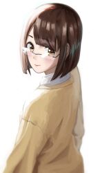 Rule 34 | 1girl, blurry, bob cut, brown eyes, brown hair, cardigan, commentary request, ebata kyouhei, from side, glasses, highres, looking at viewer, real life, rimless eyewear, smile, solo, upper body, yellow cardigan