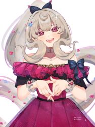 Rule 34 | 1girl, am (maple27), blonde hair, choker, commentary, dress, high ponytail, highres, jewelry, long hair, necklace, nijisanji, nijisanji en, off-shoulder dress, off shoulder, open mouth, pink dress, pink eyes, reimu endou, smile, solo, symbol-only commentary, very long hair, virtual youtuber, white choker