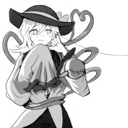 Rule 34 | 1girl, blouse, blush, bow, buttons, chinese commentary, closed mouth, commentary, cowboy shot, diamond button, greyscale, hair between eyes, hands up, hat, hat bow, heart, heart of string, komeiji koishi, long sleeves, looking to the side, medium hair, monochrome, shirt, sideways glance, skirt, sleeves past fingers, sleeves past wrists, smile, solo, string, string around finger, string of fate, third eye, touhou, wide sleeves, xierweng