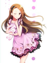 Rule 34 | 1girl, bow, brown hair, dress, finger to mouth, hair bow, hairband, has bad revision, has downscaled revision, highres, idolmaster, idolmaster (classic), long hair, looking at viewer, md5 mismatch, meet (105r), minase iori, one eye closed, pink dress, red eyes, resolution mismatch, signature, solo, source smaller, stuffed animal, stuffed rabbit, stuffed toy, very long hair
