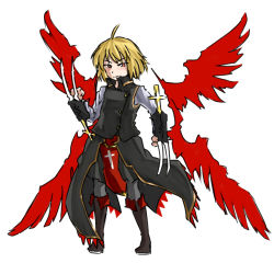 Rule 34 | 1girl, adapted costume, blonde hair, claw (weapon), cross, ex-rumia, fang, fang out, mousoumousoumousou, multiple wings, pantyhose, red eyes, red wings, rumia, short hair, simple background, solo, touhou, weapon, white background, wing collar, wings