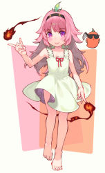 Rule 34 | 1girl, ahoge, barefoot, black hairband, child, closed mouth, collarbone, dress, fingernails, fire, full body, fusion, green hair, hairband, highres, hololive, hololive english, if they mated, long hair, looking at viewer, mori calliope, multicolored hair, pink hair, purple eyes, sleeveless, sleeveless dress, smile, solo, takanashi kiara, two-tone hair, virtual youtuber, waterring, white dress