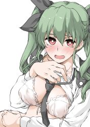 Rule 34 | 1girl, anchovy (girls und panzer), anzio school uniform, between breasts, black cape, black necktie, black ribbon, blush, bow, bow bra, bra, breasts, cape, clothes lift, commentary, dress shirt, drill hair, elf (stroll in the woods), flying sweatdrops, frilled bra, frills, frown, girls und panzer, green hair, hair ribbon, highres, lifting own clothes, long hair, long sleeves, looking at viewer, medium breasts, necktie, necktie between breasts, open mouth, red eyes, ribbon, school uniform, shirt, shirt lift, solo, textless version, twin drills, twintails, underwear, upper body, white background, white bra, white shirt, wing collar