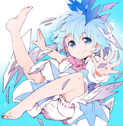 Rule 34 | 1girl, :&gt;, bad id, bad pixiv id, barefoot, bloomers, blue eyes, blue hair, bow, cirno, feet, hair bow, ice, ichizen (o tori), matching hair/eyes, open hands, open mouth, shards, short hair, solo, touhou, underwear