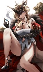 Rule 34 | 1girl, bare shoulders, black gloves, black mask, blonde hair, blue eyes, blush, breasts, cape, cleavage, collarbone, dress, earrings, elbow gloves, fur-trimmed cape, fur trim, genshin impact, gloves, gnosis (genshin impact), grey skirt, high heels, highres, jewelry, knee up, lace-trimmed eyepatch, large breasts, long hair, looking at viewer, nicky w, pelvic curtain, signora (genshin impact), sitting, skirt, solo, thighs, white dress
