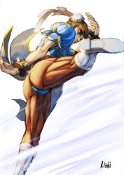 Rule 34 | 1girl, 2c, ass, boots, bracelet, brown eyes, brown hair, bun cover, capcom, china dress, chinese clothes, chun-li, cross-laced footwear, double bun, dress, highres, jewelry, kicking, lace-up boots, muscular, muscular female, pantyhose, pelvic curtain, signature, solo, spiked bracelet, spikes, street fighter, thick thighs, thighs